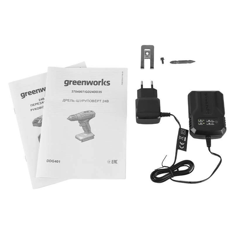 Дрель-шуруповерт аккумуляторная Greenworks 3704007UA, 24В, в комплекте с АКБ 24В 2Ач и ЗУ