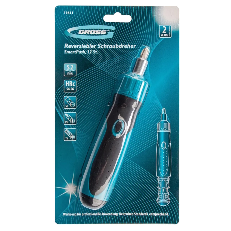 Отвертка-реверс + механизм SmartPush + биты Gross 11611, 12 пред., PH + SL + Torx, S2, 2к рукоятка в Иваново