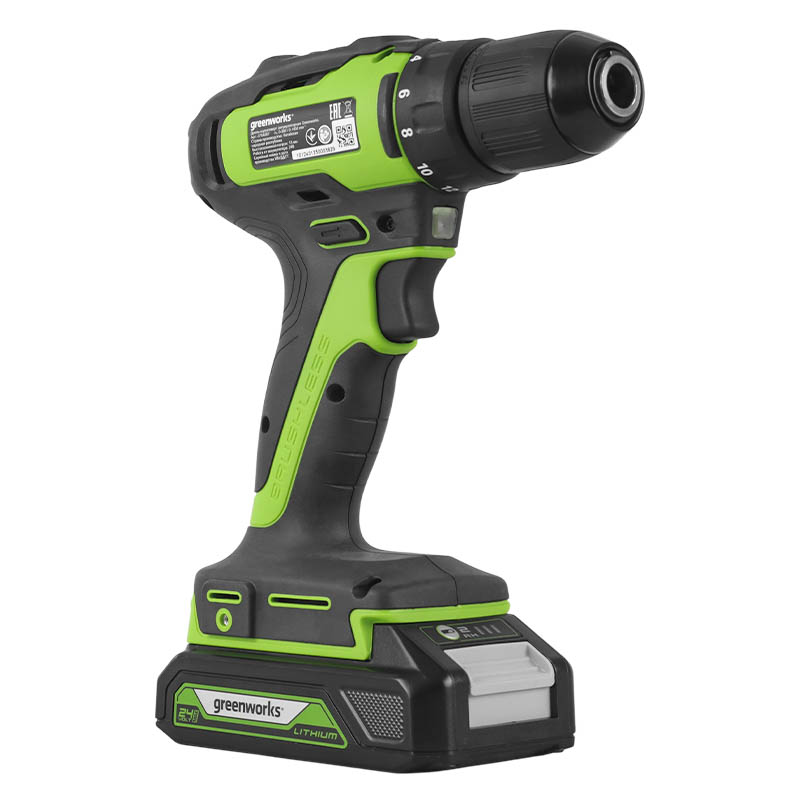 Дрель-шуруповерт аккумуляторная Greenworks 3704007UA, 24В, в комплекте с АКБ 24В 2Ач и ЗУ