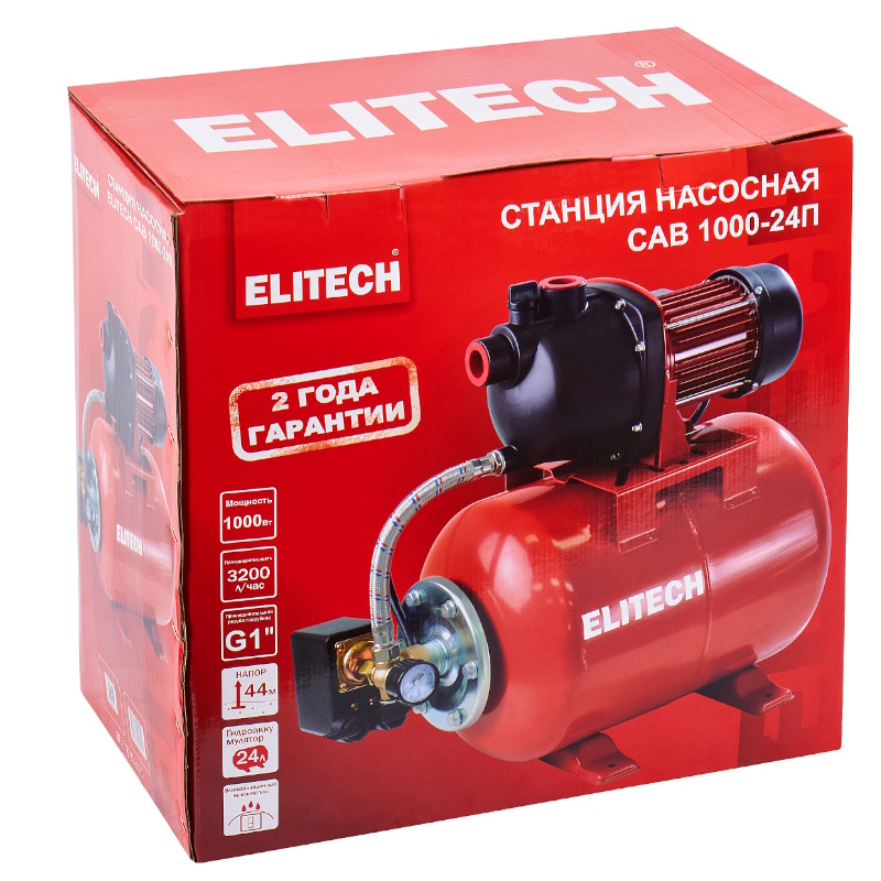 Станция насосная Elitech САВ 1000-24П 205653, 1000 Вт, 53 л/мин, макс. напор 44 м в Твери