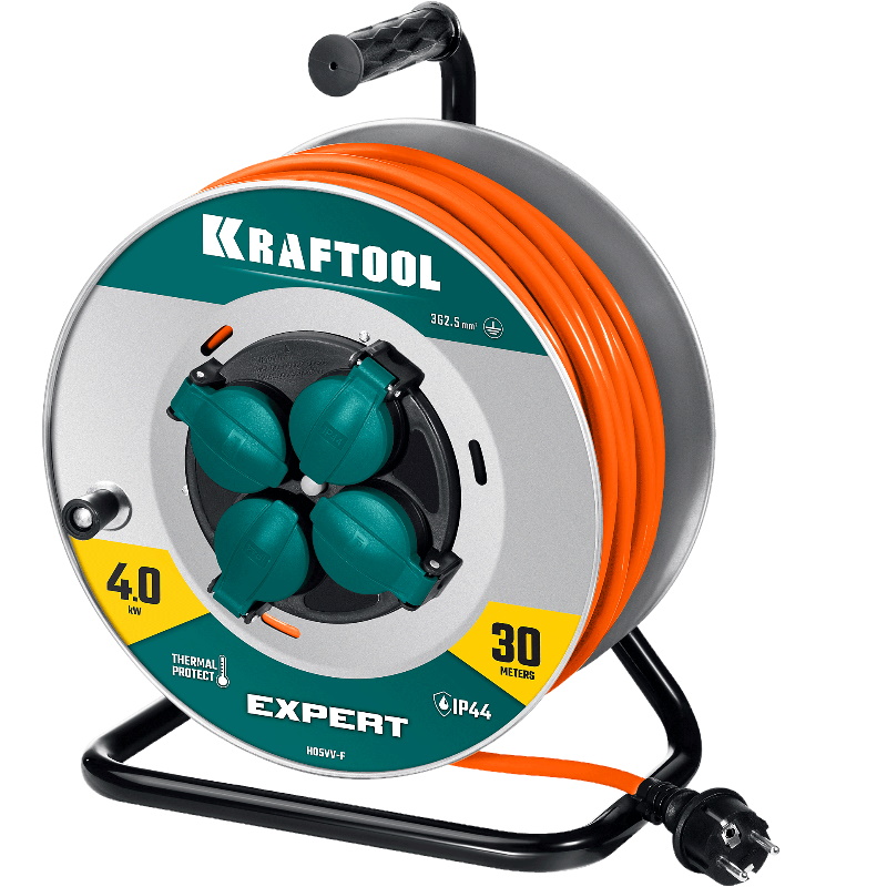 Силовой удлинитель на стальной катушке Kraftool Expert 55089-30, ПВС 3х2.5 мм, 30 м, 4000Вт, IP44