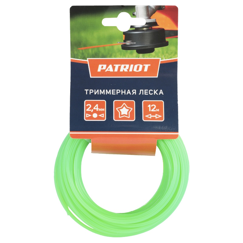 Леска Patriot 805205122, D 2.4 мм, L 12 м, звезда, зеленая, 240-12-3, картонный подвес в Туле