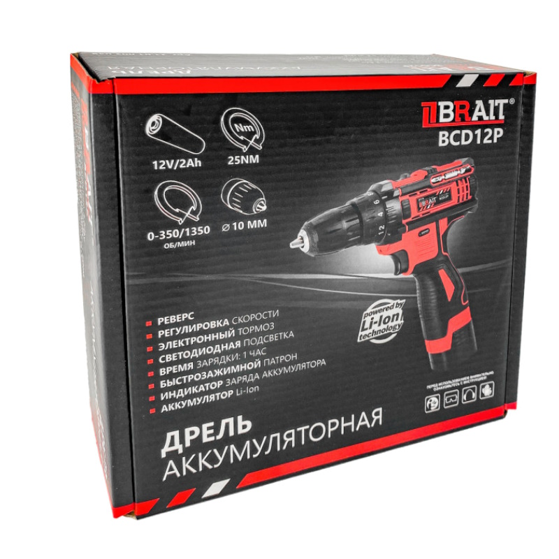 Дрель аккумуляторная Brait BCD12P 21.01.003.049, 12В, Li-on,1 АКБ, 2,0Ач, 2 скорости , 25Нм,в коробе в Череповце
