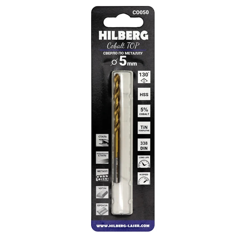 Сверло по металлу Hilberg CO050, 5.0*86(52)мм Cobalt 5% TOP
