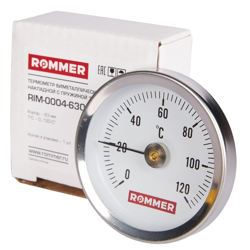 Термометр биметаллический Rommer, накладной, с пружиной, корпус Dn 63 мм, 0...120°С в Угличе