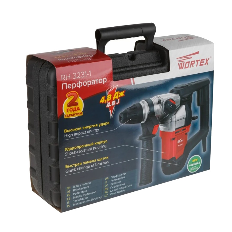 Перфоратор Wortex RH 3231-1 RH323111129, в кейсе + 2 зубила, 3 сверла, 1000 Вт, 4.8 Дж, 32 мм, 2 режима, SDS-plus