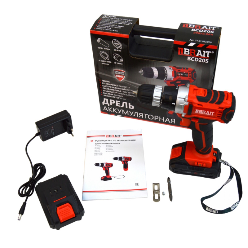 Дрель аккумуляторная Brait BCD20S 21.01.082.070, 18В Li-on, 2 АКБ, 2Ач, 2 скорости, 30Нм, индикатор заряда батареи