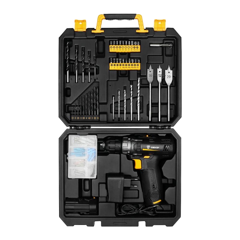 Аккумуляторная дрель-шуруповерт Deko GCD12DU3 SET5 063-4148, Li-Ion в кейсе + набор инструментов 92 шт., 12 В, 2х2.0 Ач, з/у в Переславле