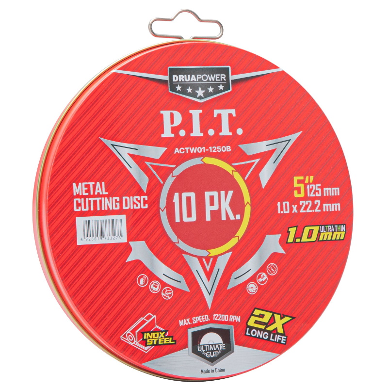 Диск отрезной по металлу и нержавеющей стали P.I.T. DRUA ACTW01-1250B, 125x22,2x1,0 мм, 10 шт, металлический бокс в Иваново