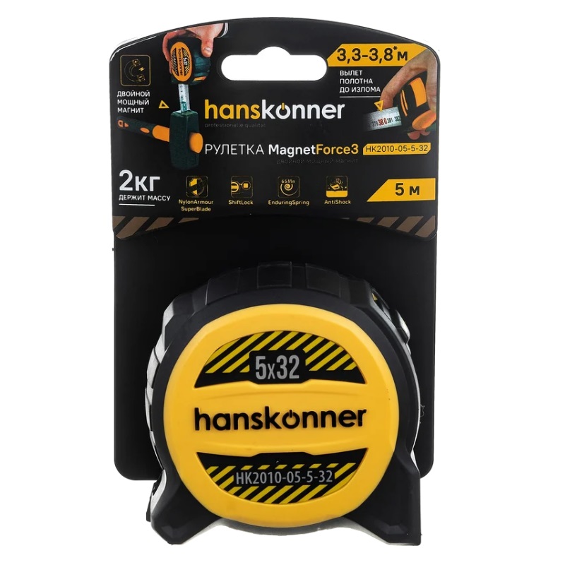 Рулетка Hanskonner HK2010-05-5-32 (5 м x 32 мм, двухсторонняя, нейлон, двойной мощный магнит) в Иваново