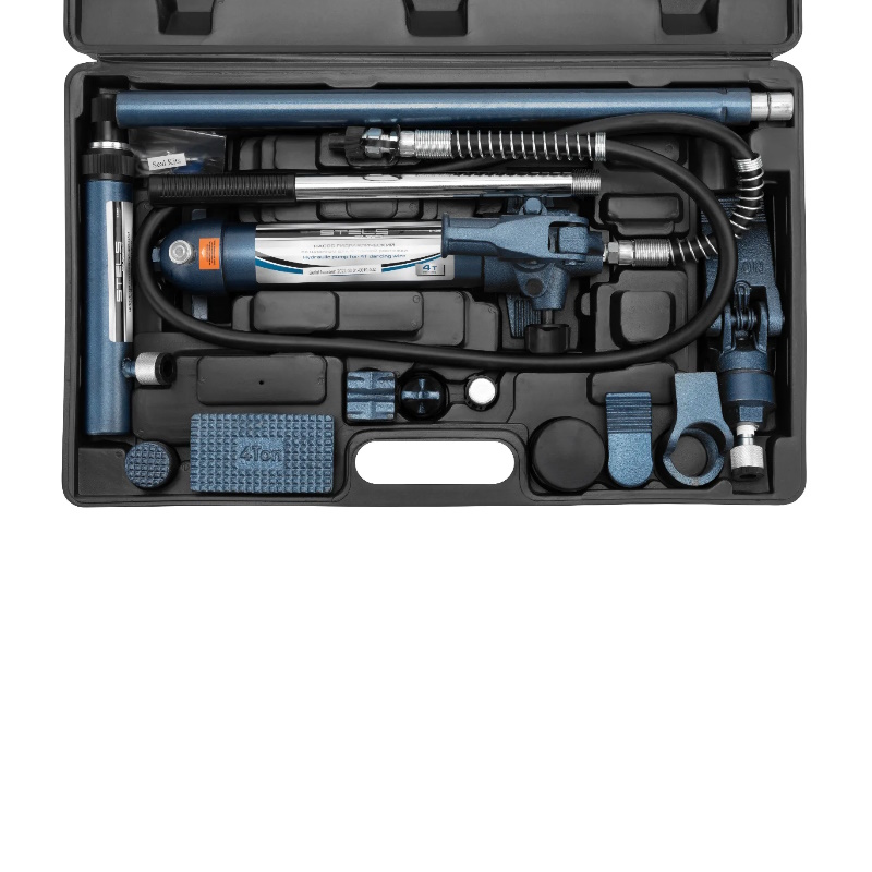 Растяжка гидравлическая Stels 51354, 4 т, набор из 17 предметов, 7 сменных насадок, в пластиковом кейсе