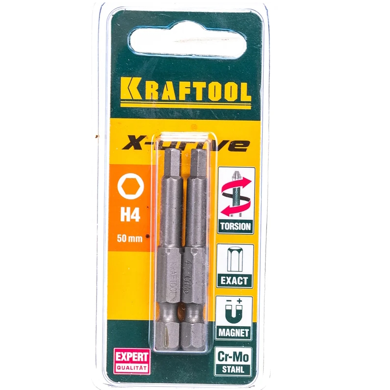 Биты Kraftool "ЕХPERT" 26127-4-50-2, торсионные кованые, обточенные, Cr-Mo сталь, тип хвостовика E 1/4", HEX4, 50мм, 2шт