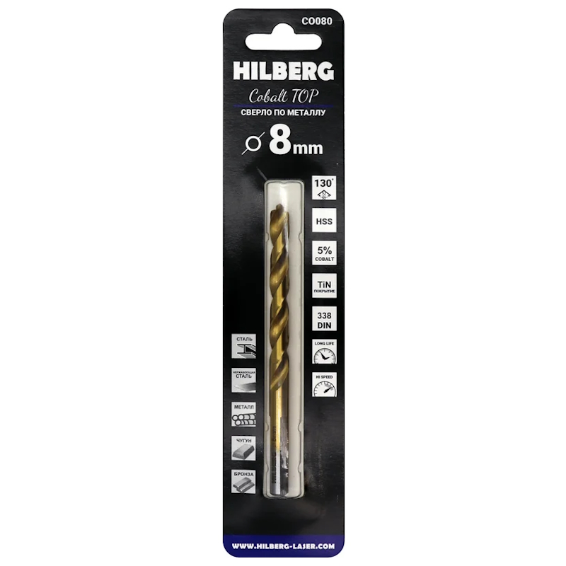 Сверло по металлу Hilberg CO080, 8.0*117(75)мм Cobalt 5% TOP в Твери