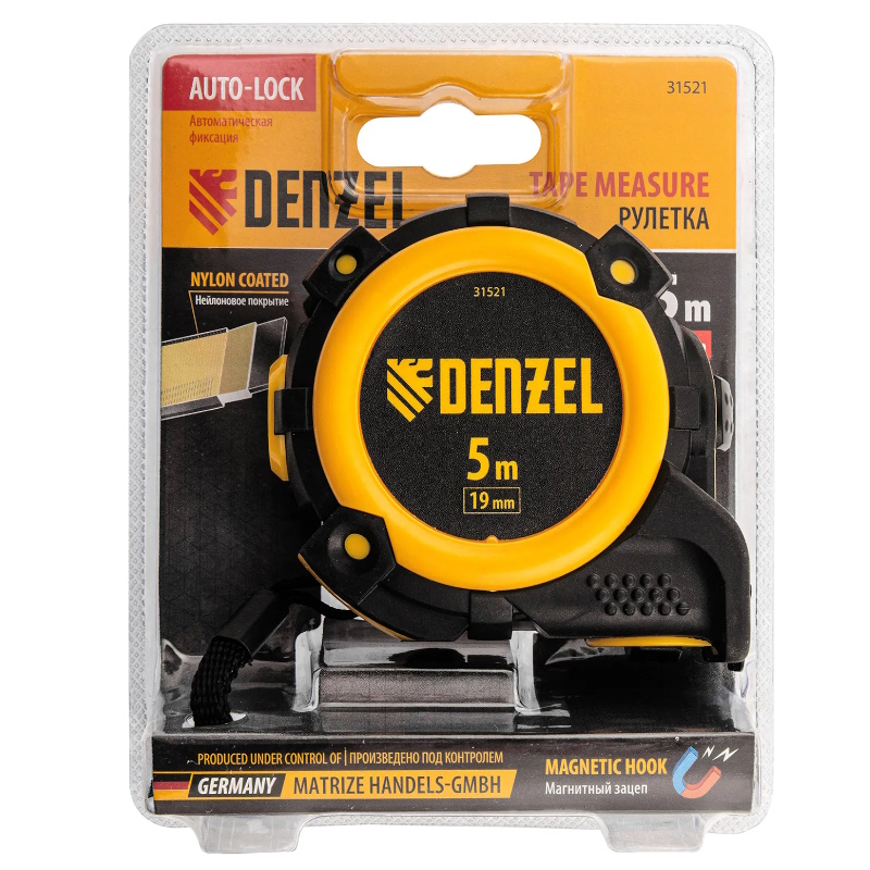Рулетка Denzel 31521, 5м х 19мм, автоматич. фиксац., нейлон. покрытие, магнит. зацеп, двухстор. разметка в Кинешме