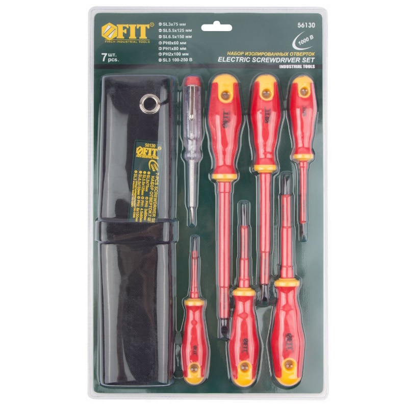 Отвертки изолированные Fit 56130, 1000 В, CrV сталь, прорезинные ручки, в нейлоновом конверте, 6 шт.+ 1 индикаторная в Иваново