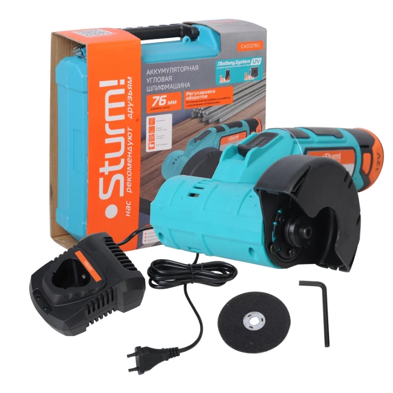 Аккумуляторная УШМ Sturm CAG1276C, 1BatterySystem12V