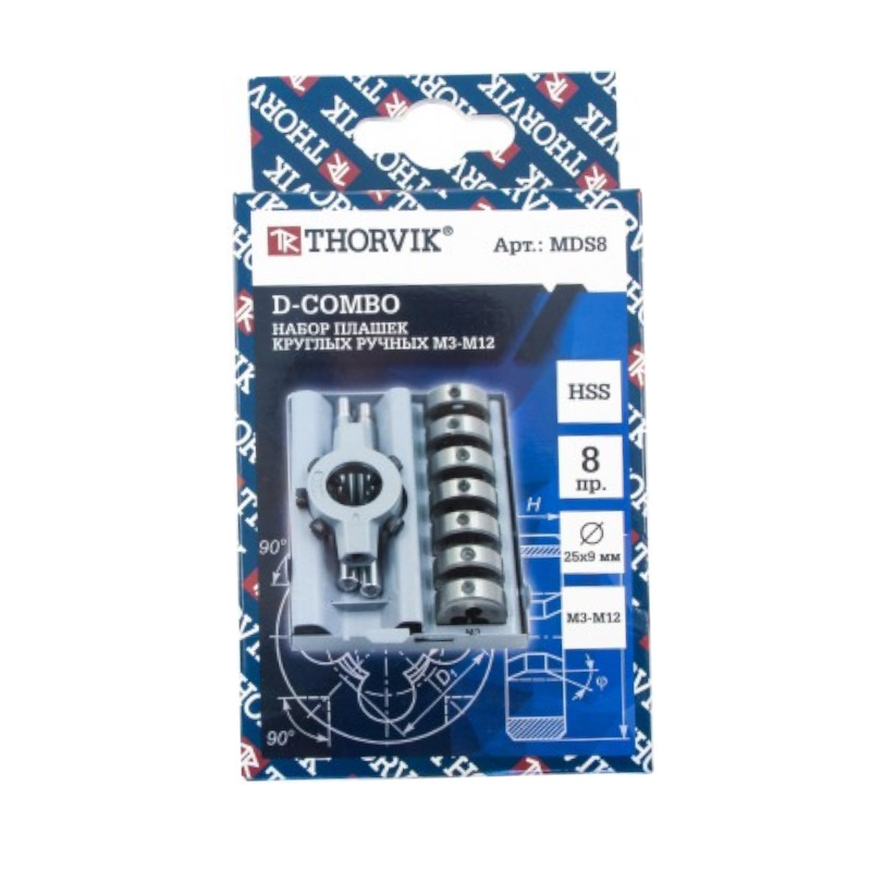 Набор круглых ручных плашек Thorvik MDS8 D-COMBO 052885, М3-М12, HSS, 8 предметов   в Иваново
