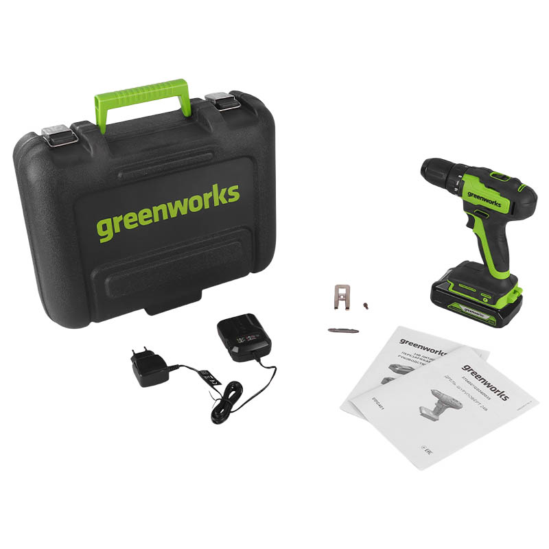 Дрель-шуруповерт аккумуляторная Greenworks 3704007UA, 24В, в комплекте с АКБ 24В 2Ач и ЗУ