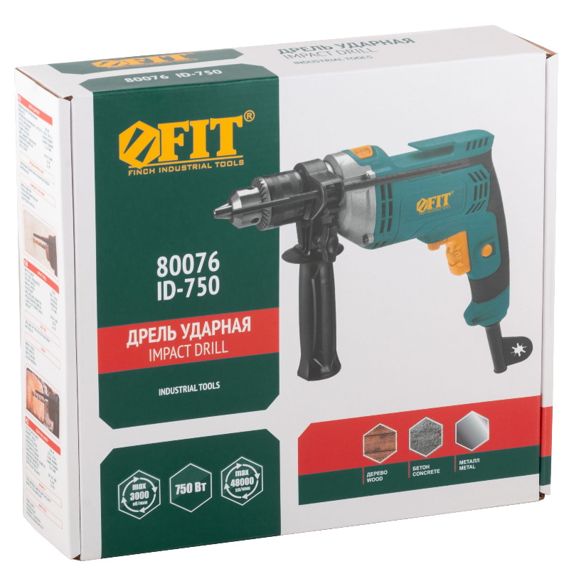 Дрель ударная Fit 80076, 750 Вт, 0-3000 об/мин, КлП 13 мм, 2.4 кг, металлический корпус, резиновые накладки в Туле