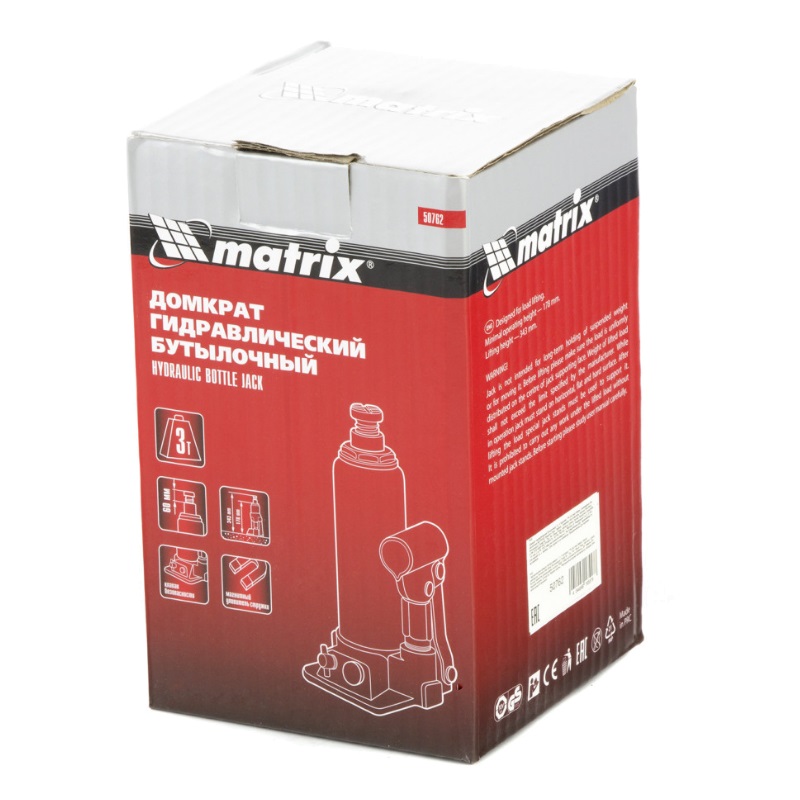 Домкрат гидравлический бутылочный Matrix 50762, 3 т, 178-343 мм в Туле