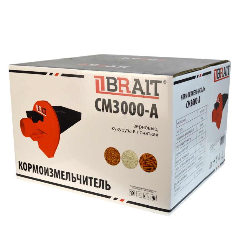 Кормоизмельчитель Brait СМ3000-A 24.01.004.056, 3кВт, 600кг/ч, 4 сетки 4-16мм, 50Гц, 2850об/мин в Череповце