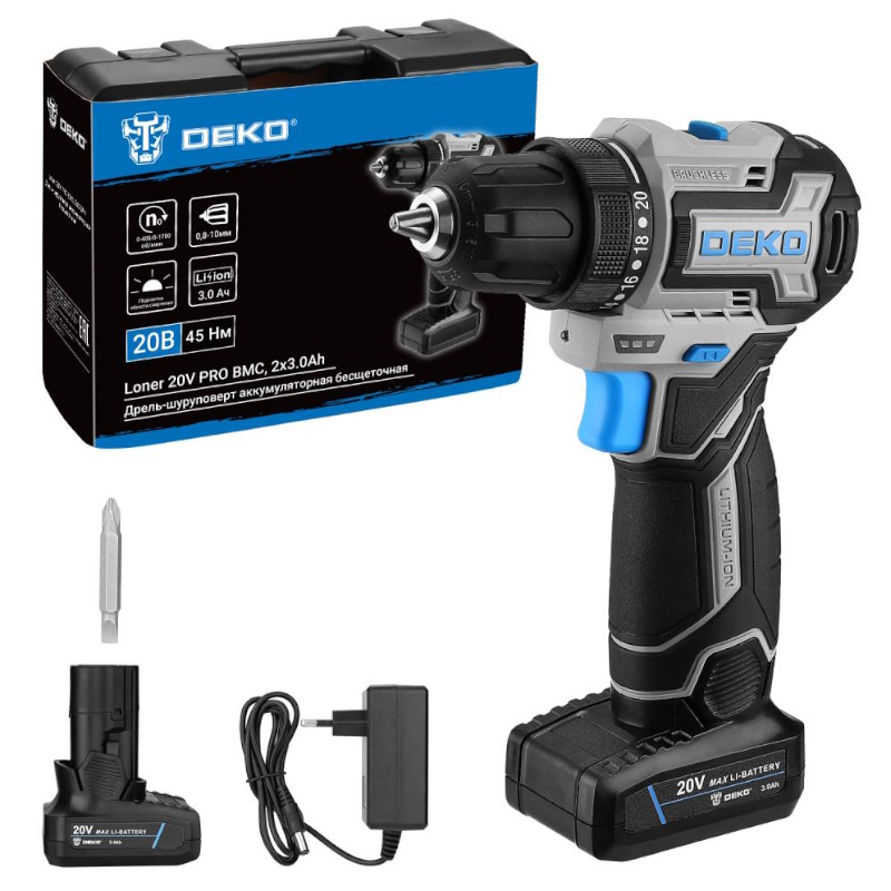 Дрель-шуруповерт аккумуляторная Deko Loner 20V PRO 085-1010, бесщеточная, компактная,  в кейсе, 20В, 2x3.0Ач в Череповце