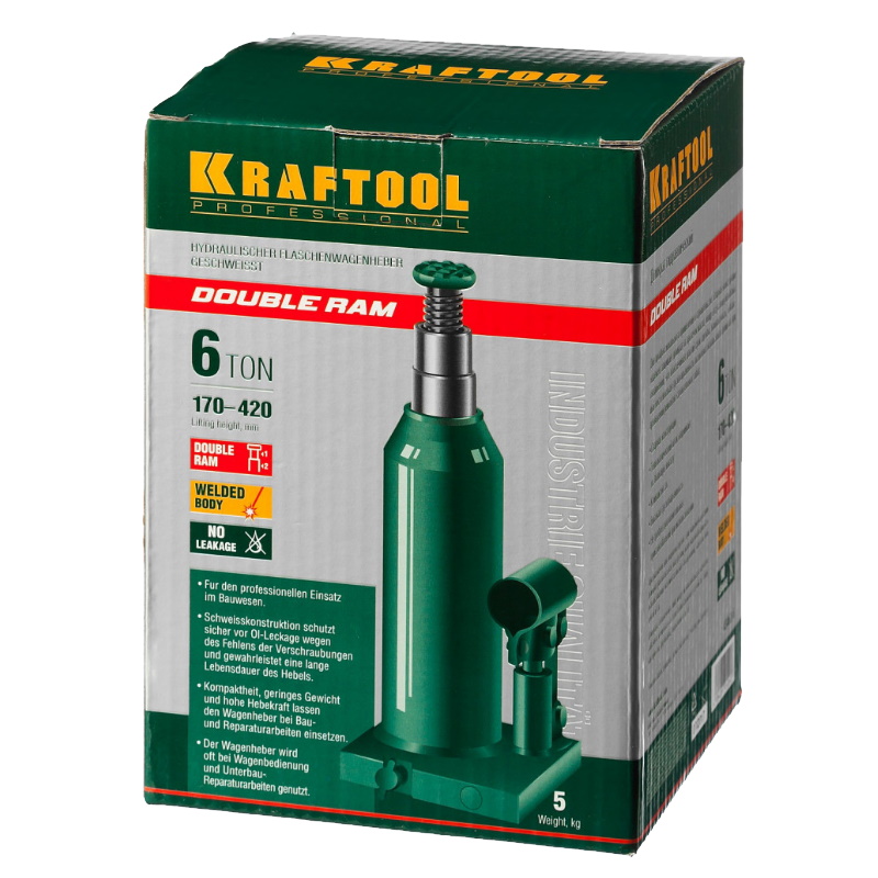 Домкрат гидравлический бутылочный Kraftool "Double Ram" 43463-6, сварной, телескопический, 6т, 170-420мм, в Череповце