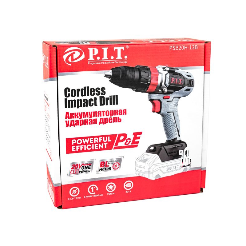 Дрель P.I.T. PSB20H-13B SOLO, ударная, аккумуляторная, бесщёточная, 20В, 75Нм, метал патрон 13мм, 2ск, коробка в Иваново
