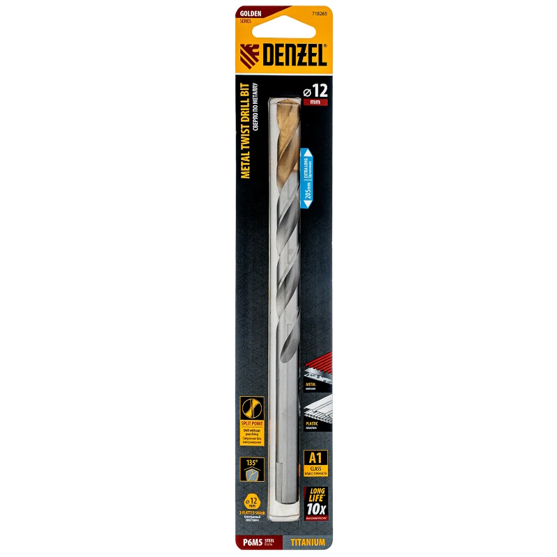 Сверло спиральное по металлу Denzel 718265, 12 x 205 мм, Р6М5, Golden Tip, удлиненное в Муроме