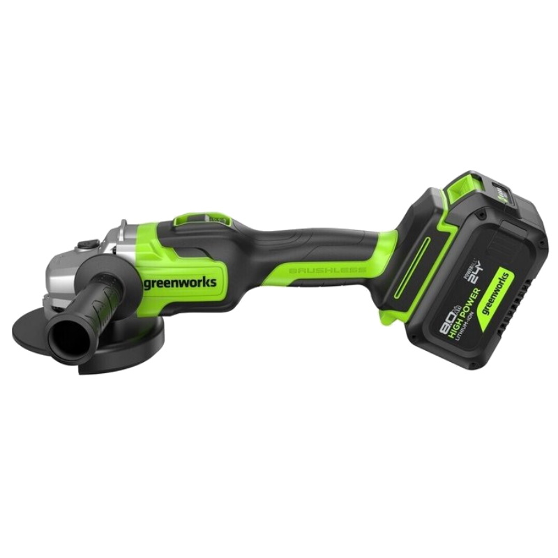 Угловая шлифовальная машина аккумуляторная Greenworks GD24AG 3200207CUH, 24V, б/щет, 125 мм, 10500 об/мин, 1x8Ач, ЗУ, коробка в Коврове