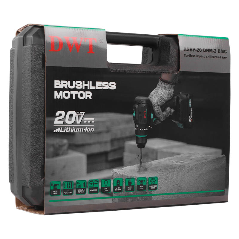 Аккумуляторная дрель-шуруповёрт DWT ASBP-20 DNM-2 BMC, ударная, бесщеточная, 20 В / 2 Ач Li-ion, 45 Нм, 2 АКБ в Рыбинске