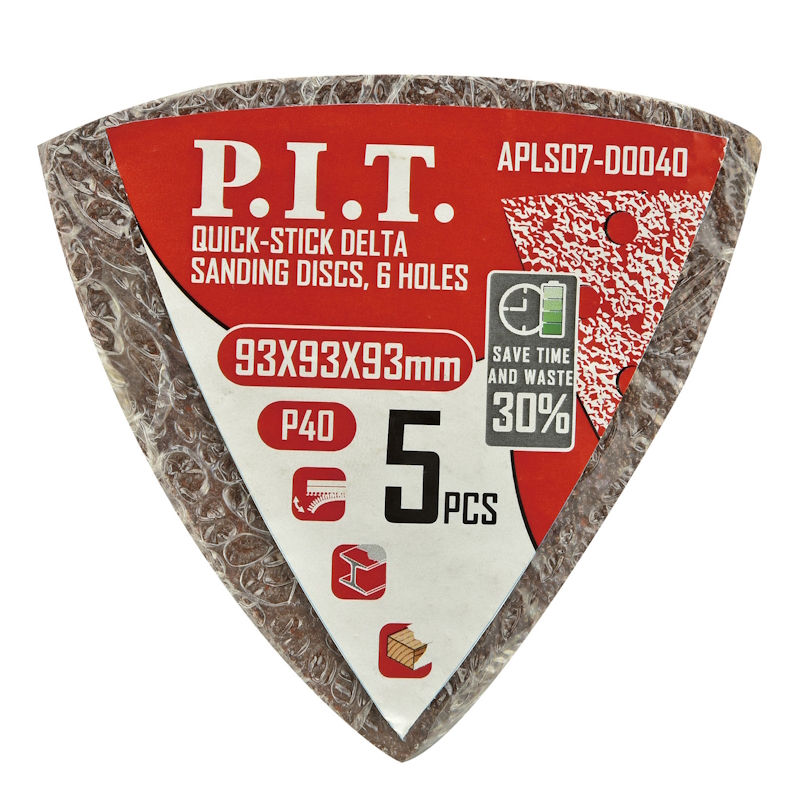 Лист шлифовальный P.I.T. APLS07-D0040, дельтавидный, 93x93x93 мм, P40, 6 отверстий, липучка, 5 шт в упаковке