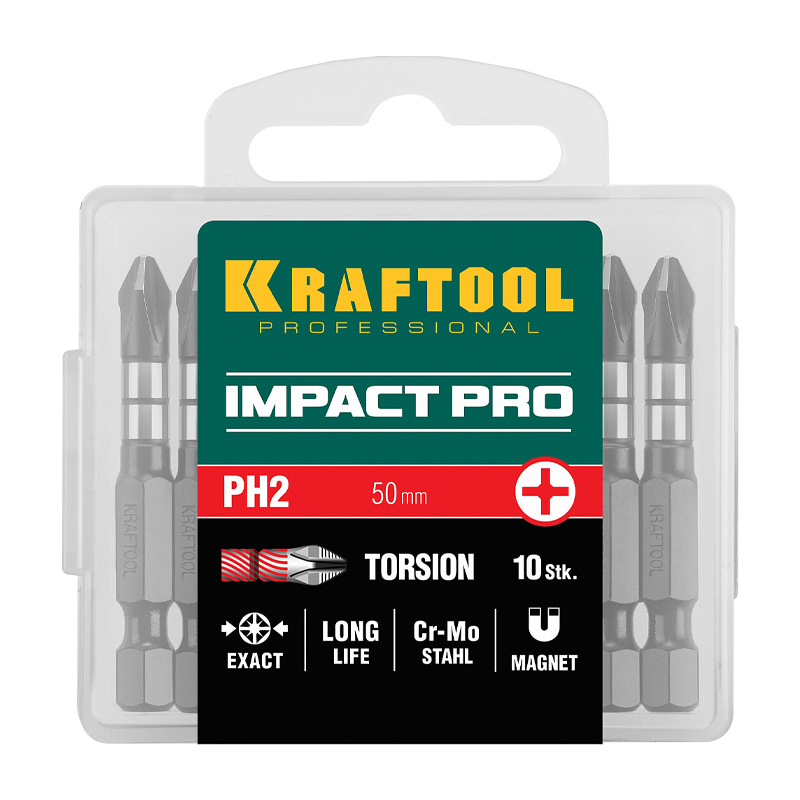 Набор ударных бит Kraftool Impact Pro, 26191-2-50-S10 (E 1/4", PH2, 50 мм, 10 шт) в Рыбинске