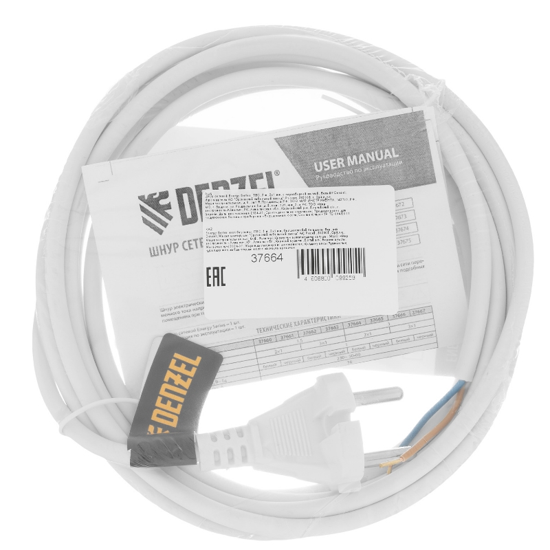 Шнур сетевой Denzel Energy Series 37664, ПВС, 3 м, 2х1 мм, с неразборной вилкой, белый в Ярославле