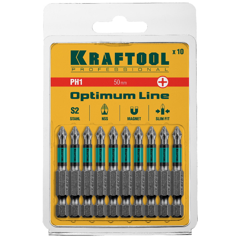 Биты Kraftool 26122-1-50-10, PH1, 50 мм, тип хвостовика E 1/4", 10 шт в блистере в Костроме