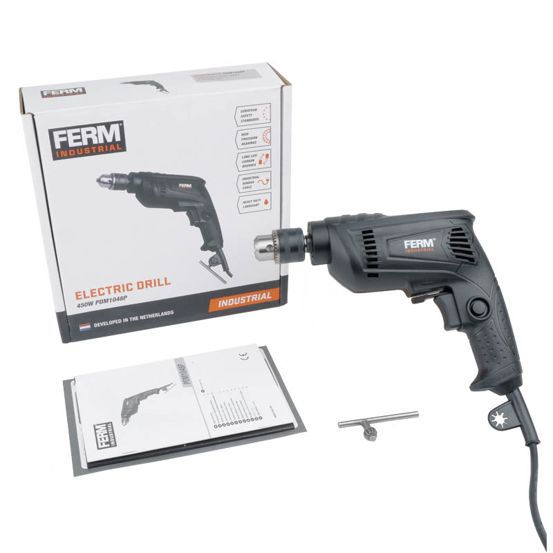 Сетевая дрель Ferm Industrial PDM1048P, 450 Вт, 0 -3300 об/мин, ЗВП, 10 мм, коробка в Муроме