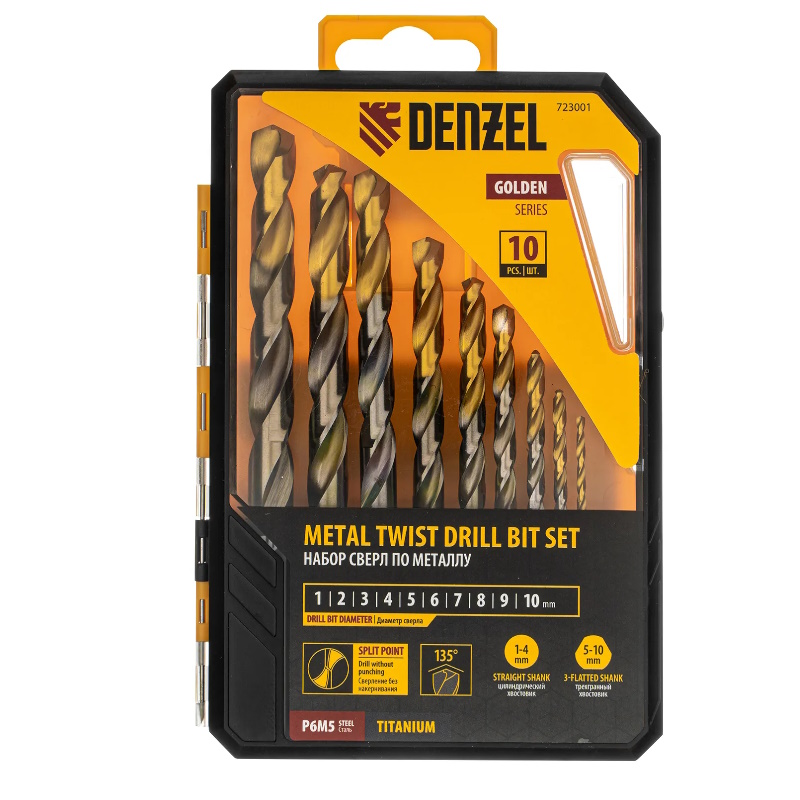 Набор сверл по металлу Denzel 723001, 1-10 мм, Р6М5-TiN, Golden Tip, 10 шт. в Коврове