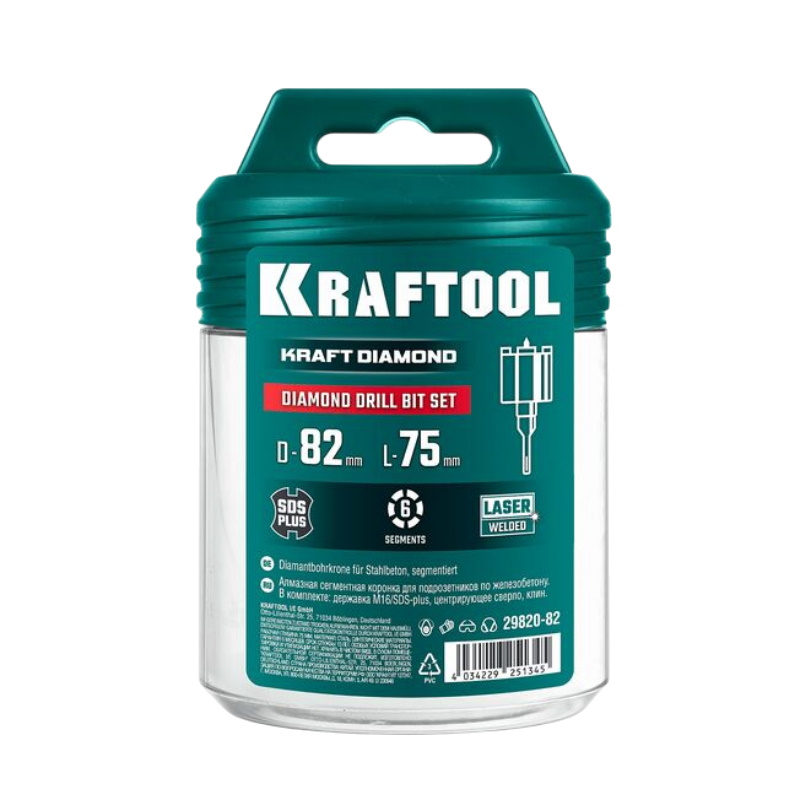 Алмазная коронка для подрозетников Kraftool DIAMOND 29820-82, d 82 мм, М16, рабочая глубина 75 мм, лазерная сварка в Муроме