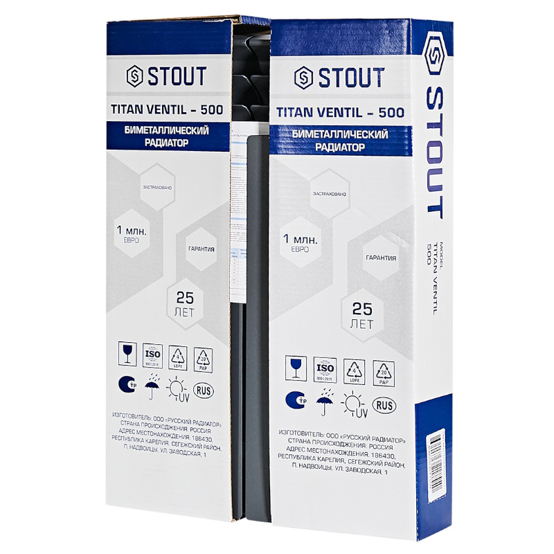 Радиатор Stout TITAN VENTIL 500 SRB-3320-050004 7024, 4 секции, биметаллический, нижнее правое подключение, графит RAL 7024