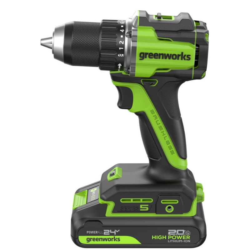 Дрель-шуруповерт аккумуляторная Greenworks DD560 3708407CUA, 24V, б/щет, 0-500 / 0-2000 об/мин, 30/60 Нм,13мм, Anti-kickback,1х2Ач,ЗУ,кор в Муроме