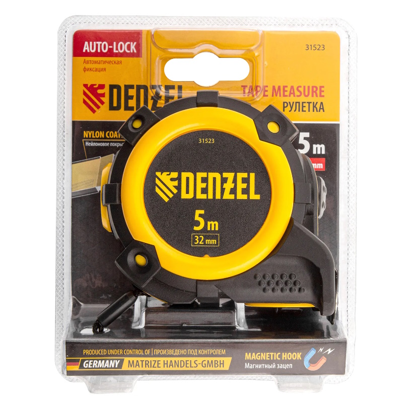 Рулетка Denzel 31523, 5м х 32мм,автоматическая фиксация, нейлоновое покрытие, магнитный зацеп, двухсторонняя разметка  в Иваново