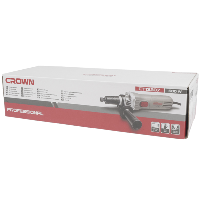 Прямая шлифмашина Crown CT13307 бытовая по дереву и металлу цанга 6 мм доп ручка