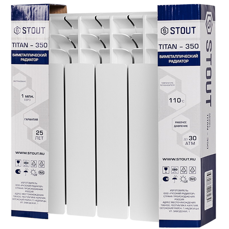 Радиатор Stout TITAN 350 SRB-3310-035004, 4 секции, биметаллический, боковое подключение, белый RAL 9016