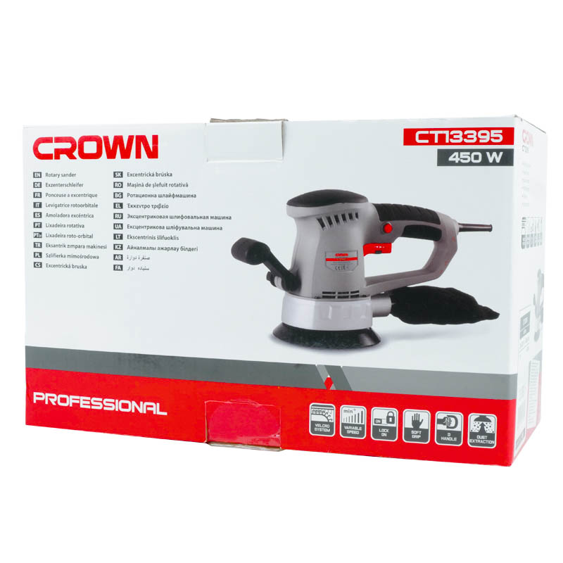 Шлифмашина эксцентриковая Crown CT13395 (сетевое питание, мощность 450 Вт, абразивный круг 150 мм)