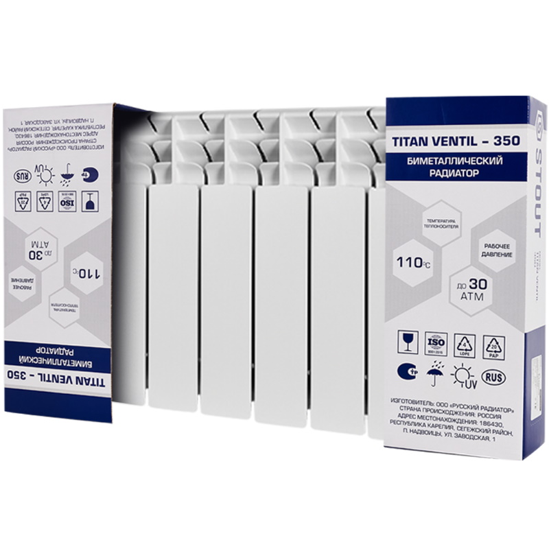 Радиатор Stout TITAN VENTIL 350 SRB-3320-035009, 9 секций, биметаллический, нижнее правое подключение, белый RAL 9016