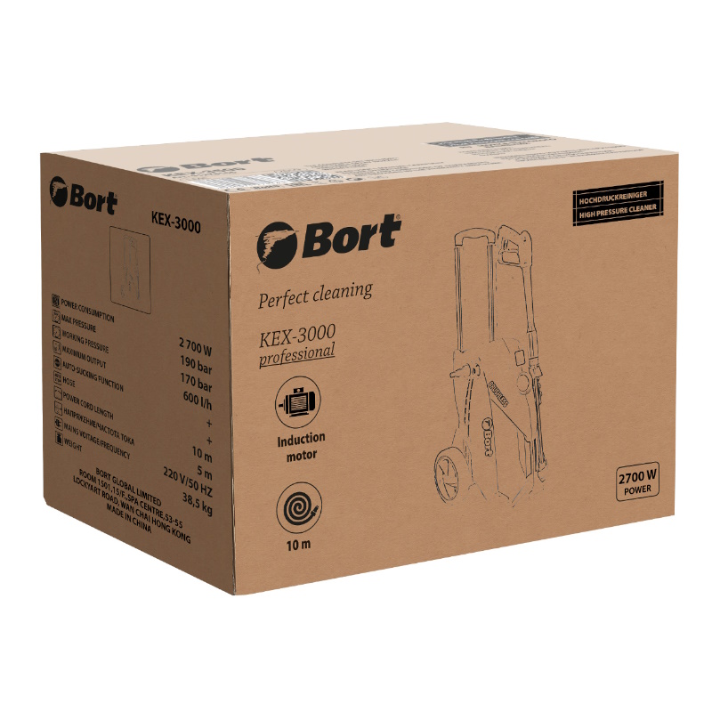 Мойка высокого давления Bort KEX-3000 91276308, 190 бар, 2,7 кВт, 10 л/мин, автостоп, набор аксессуаров 10 шт, индукционный мотор, автоотключение при перегреве в Череповце