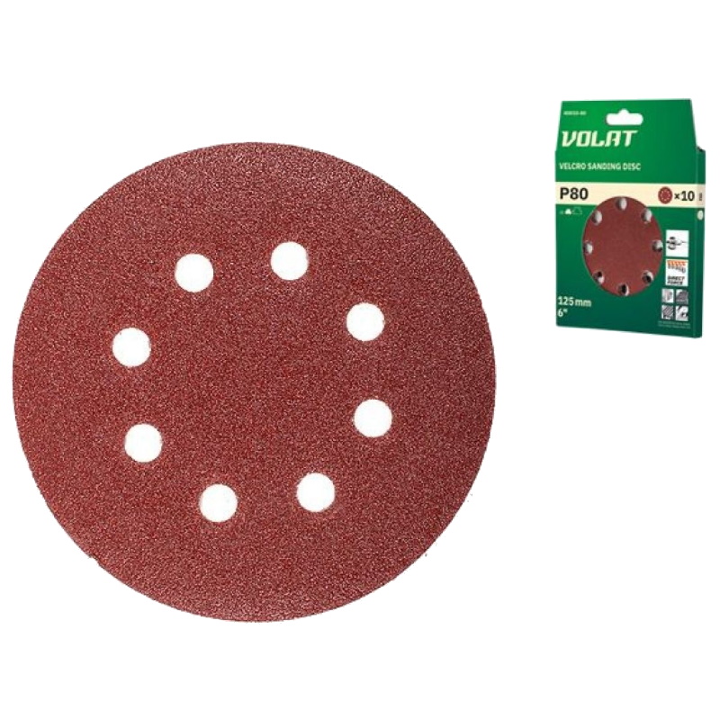 Шлифлист Волат 80010-80 125 мм круг Р80 для дерева 8 отверстий 10 штук 86₽