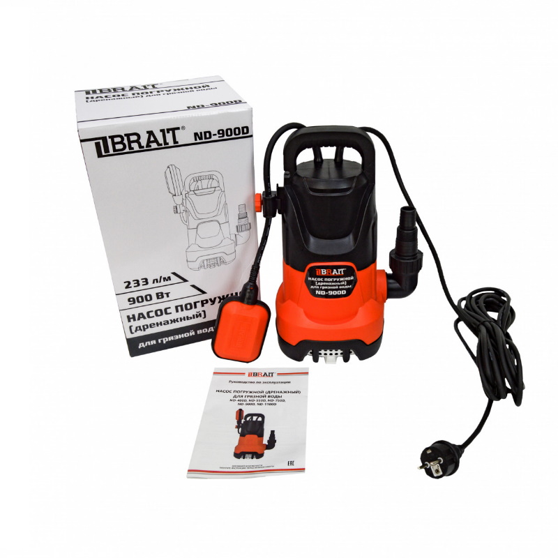 Насос дренажный погружной Brait ND-900D 23.01.147.077, 233л/м, 900Вт, до 35 мм,  максимальный напор 9м в Рыбинске