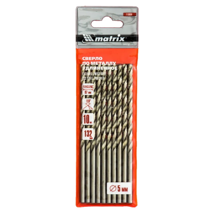 Сверло по металлу Matrix 715050, 5,0 х 132 мм, полированное удлиненное, HSS, 10 шт., цилиндрический хвостовик в Череповце