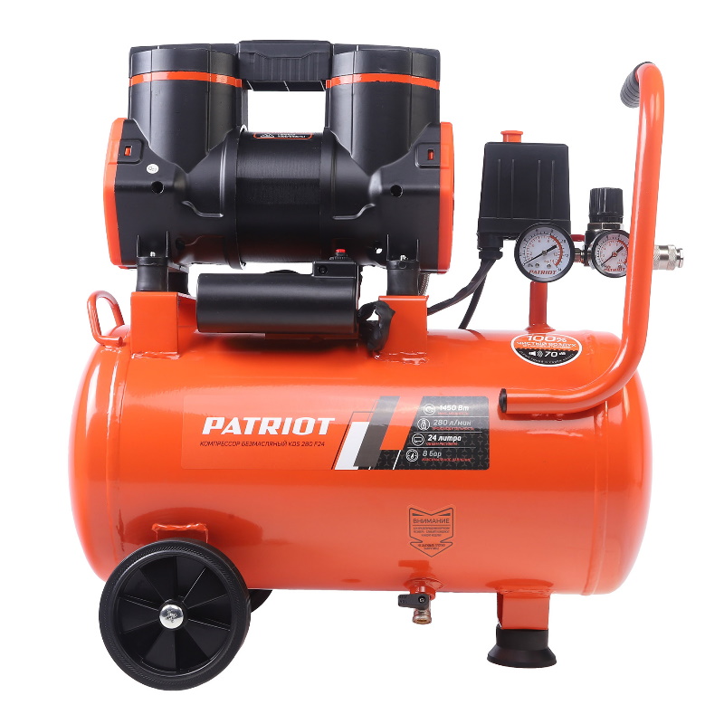 Компрессор поршневой Patriot KDS 280 F24 526302424, безмасляный, 280 л/мин, 1,45 кВт, 8 бар, 24 л, 2800 об/мин, быстросъем + елочка 1/4 в Ярославле